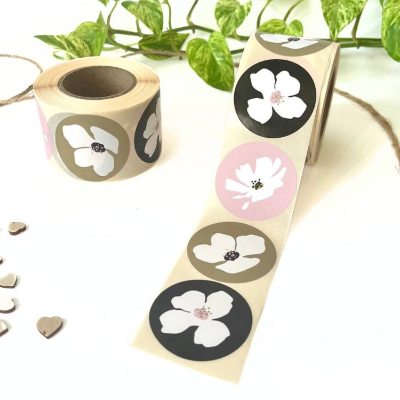 Geschenkaufkleber 5cm FLORAL rosa schwarz gold Aufkleber rund Sticker mit Blumen-Design Verpackungsmaterial