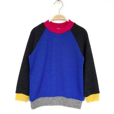 Colorblockpullover Größe 110 royalblau/anthrazit Upcycling Kinderpullover aus Merinowolle 