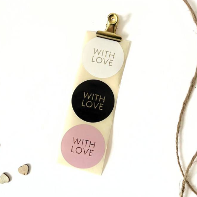 Geschenkaufkleber 5cm WITH LOVE rosa schwarz weiß mit Goldeffekt Aufkleber rund Sticker für persönliche Geschenke