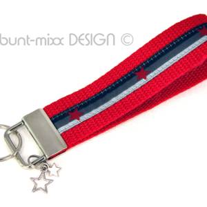 Schlüsselanhänger kurzes Schlüsselband mit Charm Anhänger 2 Sterne, rot grau schwarz, by BuntMixxDESIGN Bild 1
