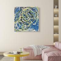 Abstraktes Neon Gemälde CIRCLES , Moderne Kunst, Malerei, Acryl, blau, weiß, neon gelb auf Leinwand Bild 10