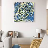 Abstraktes Neon Gemälde CIRCLES , Moderne Kunst, Malerei, Acryl, blau, weiß, neon gelb auf Leinwand Bild 5