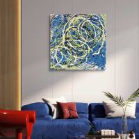 Abstraktes Neon Gemälde CIRCLES , Moderne Kunst, Malerei, Acryl, blau, weiß, neon gelb auf Leinwand Bild 7
