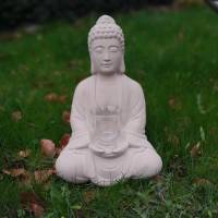XL Buddha Keramik weiß beige Garten Wohndeko Teelichtglas natur Bild 1