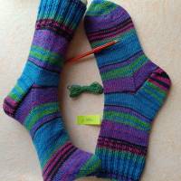 Wollsocken, handgestrickte Socken, Gr 40/41, gestrickte Socken, lila - grün - türkis Bild 1