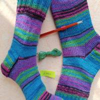 Wollsocken, handgestrickte Socken, Gr 40/41, gestrickte Socken, lila - grün - türkis Bild 9