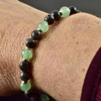 Armband mit dunklem Labradorit, Aventurin und 925er Silber, Edelstein-Perlen-Armband auf Gummizug grau grün Geschenk Bild 4