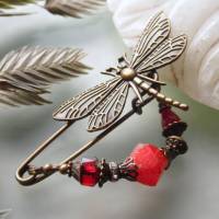 Anstecknadel Libelle Feuerfarben im Jugendstil  Tuchnadel mit Perlen in Rottönen Bild 5
