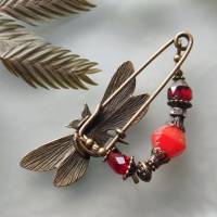 Anstecknadel Libelle Feuerfarben im Jugendstil  Tuchnadel mit Perlen in Rottönen Bild 6