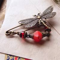 Anstecknadel Libelle Feuerfarben im Jugendstil  Tuchnadel mit Perlen in Rottönen Bild 7