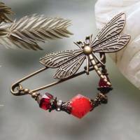 Anstecknadel Libelle Feuerfarben im Jugendstil  Tuchnadel mit Perlen in Rottönen Bild 8