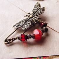 Anstecknadel Libelle Feuerfarben im Jugendstil  Tuchnadel mit Perlen in Rottönen Bild 9