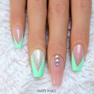 Press on Nails - Fingernägel zum Aufkleben - Cut French - Neon Grün Nude Steinchen - handgefertigt Bild 4