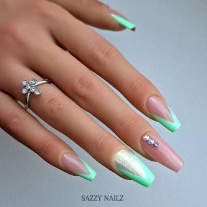 Press on Nails - Fingernägel zum Aufkleben - Cut French - Neon Grün Nude Steinchen - handgefertigt Bild 5