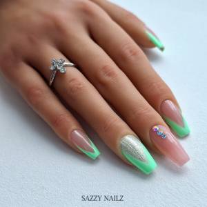 Press on Nails - Fingernägel zum Aufkleben - Cut French - Neon Grün Nude Steinchen - handgefertigt Bild 6
