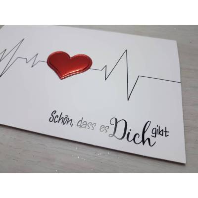 Schön, dass es Dich gibt - Herzschlag - Faltkarte mit Umschlag. Verziert mit einem Herz - EKG Linie