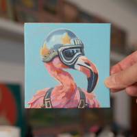 Original Mini Gemälde, handgemalt, Acrylbild, 10x10 cm, Flamingo, Einzelstück, mit Bilderrahmen Bild 4