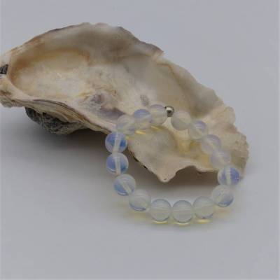 Schillerndes Armband Opalit, Opalglas, weiß blau, 12 mm Kugeln, Länge 19 cm, dehnbar, Schmuck, unisex