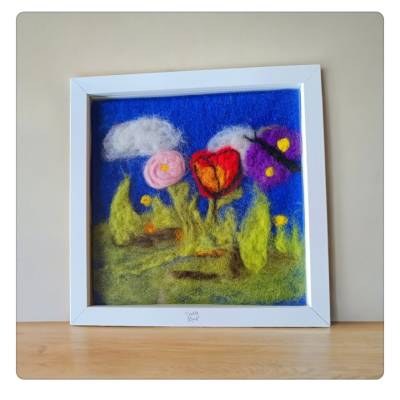 Filzkunst, Filzblumen, Osterbild, gefilzt im 3-D- Bilderrahmen