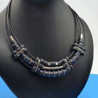 Lederkette Metallperlen + Keramikperlen, schwarz silber, 41 +4 cm, Halskette, Keramikkette, Kette Bild 2