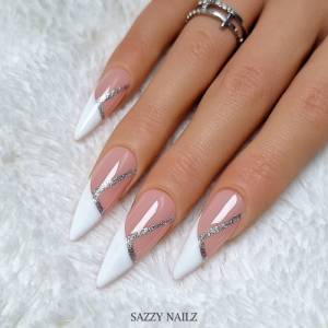 Press on Nails - French Nägel - Fingernägel zum Aufkleben - Weiß Silber French - handgefertigt Bild 1