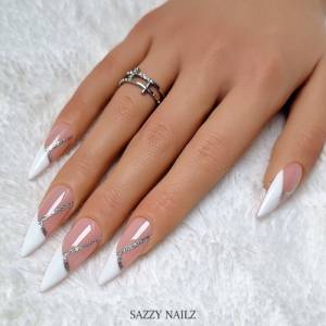 Press on Nails - French Nägel - Fingernägel zum Aufkleben - Weiß Silber French - handgefertigt Bild 2