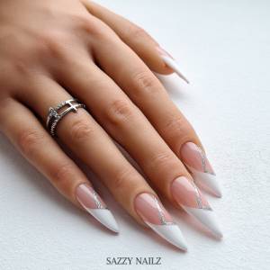 Press on Nails - French Nägel - Fingernägel zum Aufkleben - Weiß Silber French - handgefertigt Bild 6