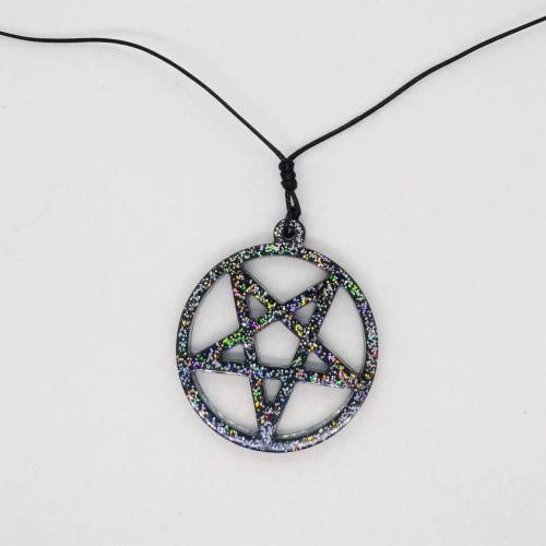 Holo Pentakel Kette aus Kunstharz, größenverstellbar, Schwarz Glitzer Gothic Resin Schmuck