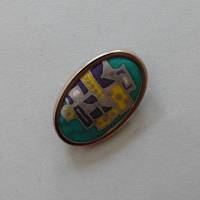 Hübsche Brosche oval, Seide bemalt in grün, grau, gelb und lila Metallrahmen silberfarben, Anstecknadel, Rahmen Efco Bild 1