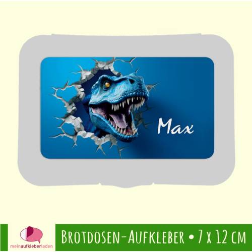 Brotdosen - Aufkleber |  T-Rex kommt aus der Wand - blau - großer Namensaufkleber