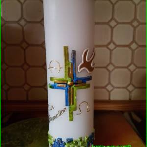 Verzierte Kerze mit Kreuz, Alpha Omega Taube Bild 1