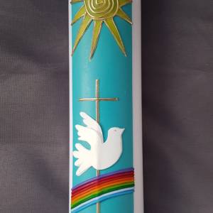 Taufkerze Regenbogen + Taube - Taufspruch - individuell - personalisiert- Kerze zur Taufe - Kerze zur Kommunion - Konfir Bild 1