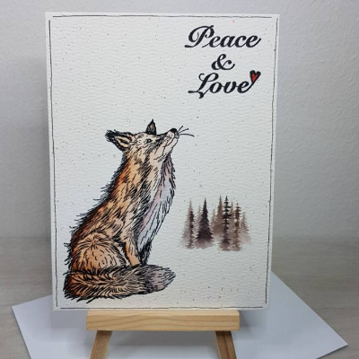 Peace and Love; Frieden und Liebe, das braucht die Welt!  Karte mit einem Fuchs und einer Botschaft