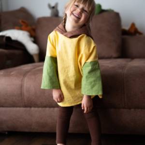 Visuell Design - Leinen Abenteuer Shirt für Kinder, Kleinkinder Leinenkleidung Patchwork Kniepatch Bunt - Kindergartenta Bild 1
