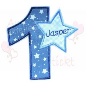 Große Geburtstags Zahl mit Namen 1 - 9 blau sterne aufnäher patch personalisiert Bild 1