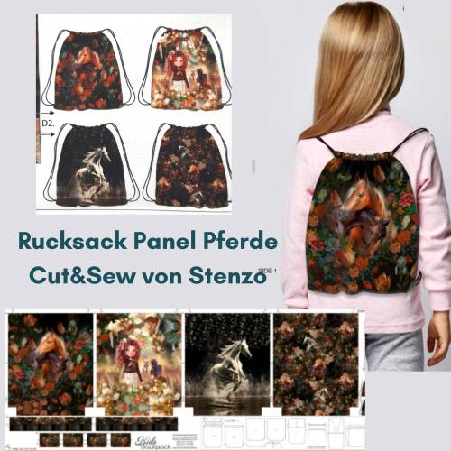 Rucksack Panel Pferde, Canvas Stoff Pferde, Cut and Sew Rucksack Pferdemotiv, Turnbeutel Pferdemotiv nähen