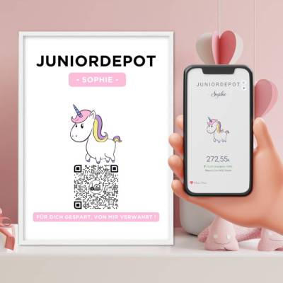 Juniordepot | Personalisiertes Geldgeschenk | Aktie ETF Kryptowährung QrCode Bild | Motiv Einhorn