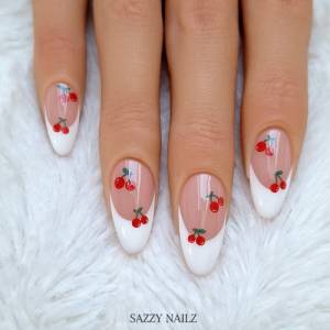 Press on Nails - Fingernägel zum Aufkleben - French Nägel mit roten Kirschen - handgefertigt Bild 3