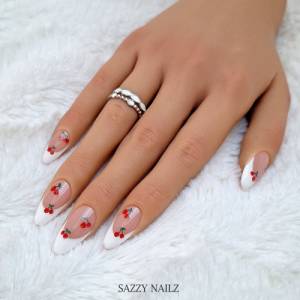 Press on Nails - Fingernägel zum Aufkleben - French Nägel mit roten Kirschen - handgefertigt Bild 4