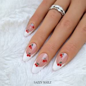 Press on Nails - Fingernägel zum Aufkleben - French Nägel mit roten Kirschen - handgefertigt Bild 5