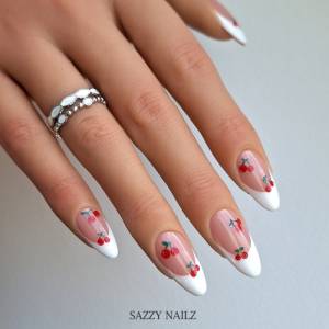Press on Nails - Fingernägel zum Aufkleben - French Nägel mit roten Kirschen - handgefertigt Bild 6