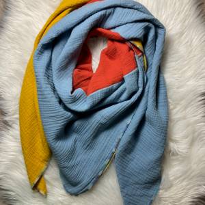 Musselin Tuch, Dreieckstuch Double Gauze in drei Farben, jeansblau, ocker und rostrot Bild 1