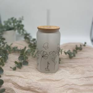 Glas mit Deckel u Strohhalm*Trinkglas*Kaffeeglas*Kaffebecher*personalisiertes Trinkglas*Bambusdeckel*wildblumen*Geschenk Bild 1