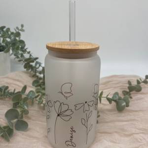 Glas mit Deckel u Strohhalm*Trinkglas*Kaffeeglas*Kaffebecher*personalisiertes Trinkglas*Bambusdeckel*wildblumen*Geschenk Bild 2