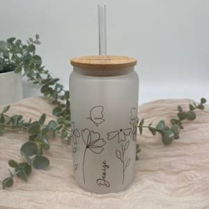 Glas mit Deckel u Strohhalm*Trinkglas*Kaffeeglas*Kaffebecher*personalisiertes Trinkglas*Bambusdeckel*wildblumen*Geschenk Bild 4