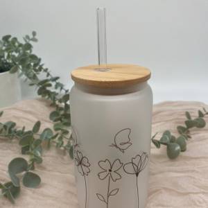 Glas mit Deckel u Strohhalm*Trinkglas*Kaffeeglas*Kaffebecher*personalisiertes Trinkglas*Bambusdeckel*wildblumen*Geschenk Bild 5