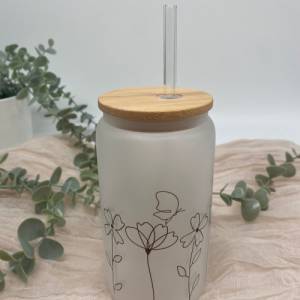 Glas mit Deckel u Strohhalm*Trinkglas*Kaffeeglas*Kaffebecher*personalisiertes Trinkglas*Bambusdeckel*wildblumen*Geschenk Bild 6