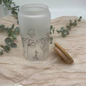 Glas mit Deckel u Strohhalm*Trinkglas*Kaffeeglas*Kaffebecher*personalisiertes Trinkglas*Bambusdeckel*wildblumen*Geschenk Bild 8