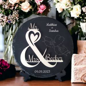 Hochzeitsgeschenk Schiefertafel / personalisierbar 3D Holzeffekt / Hochzeitsgeschenk personalisiert / Schieferplatte mit Bild 1