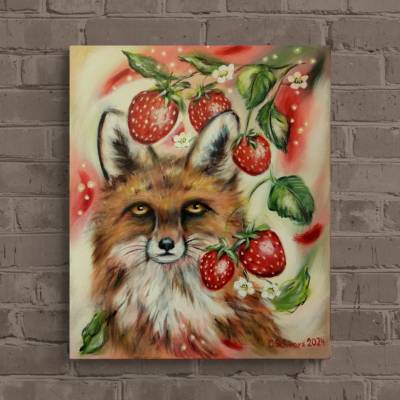 Acrylgemälde FUCHSTRÄUME - gemalter Fuchs mit Erdbeeren auf Leinwand 50cmx60cm von der Künstlerin Christiane Schwarz